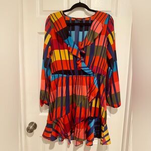 Express Multicolor Wrap Dress Size L Satin Ruffle V Neck Statement
